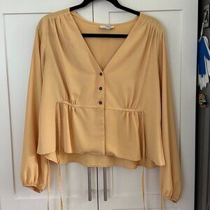 Topshop Women's Yellow Blouse, 6, V Neck, Tie at Waist, Long Sleeve